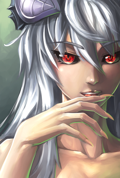 Anime picture 869x1286 with monster girl encyclopedia original lilim (monster girl encyclopedia) maritan (artist) single long hair tall image open mouth red eyes silver hair horn (horns) fingernails demon girl long fingernails black sclera demon eyes girl