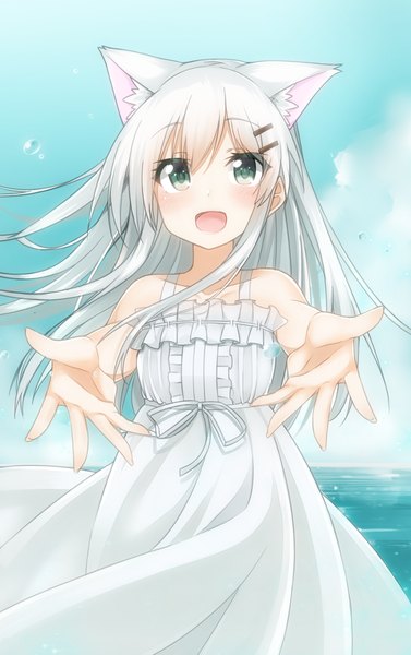 Anime picture 839x1335 with original cacao (chocolat) single long hair tall image looking at viewer blush fringe open mouth smile hair between eyes standing green eyes animal ears sky cloud (clouds) white hair :d wind sunlight