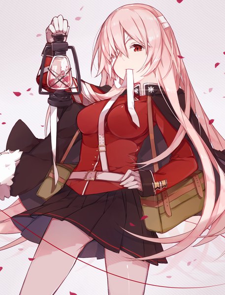 Anime picture 1928x2532 with fate (series) fate/grand order florence nightingale (fate) miyuki (miyuki0529) single long hair tall image looking at viewer highres breasts simple background red eyes standing holding pink hair pleated skirt shiny skin mouth hold pink background alternate hairstyle