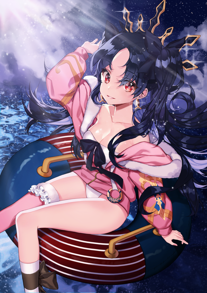 Anime picture 850x1202 with fate (series) fate/grand order ishtar (fate) ishtar (swimsuit rider) (fate) chungu single long hair tall image looking at viewer breasts light erotic black hair red eyes large breasts light smile sunlight off shoulder arm support two side up girl