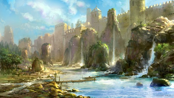 Anime picture 1050x591 with rukkits wide image signed sky no people landscape rock waterfall lake plant (plants) tree (trees) water castle bridge