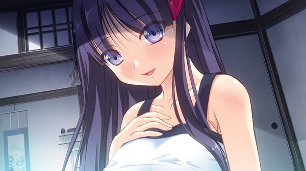 Anime picture 1280x720 with mitsutsubo long hair blush open mouth wide image purple eyes blue hair game cg girl