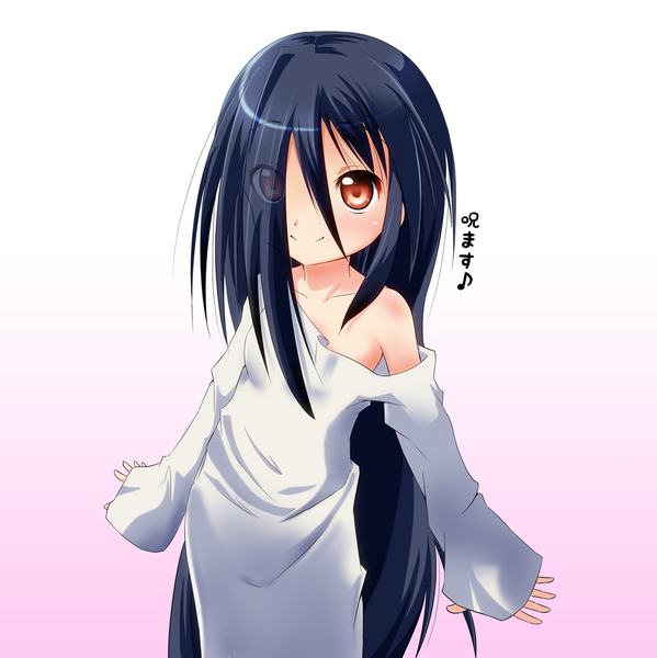 Anime picture 998x1000 with the ring yamamura sadako azumawari (azumofu) single tall image fringe black hair simple background smile hair between eyes red eyes looking away very long hair hair over one eye off shoulder inscription sleeves past wrists spread arms girl dress