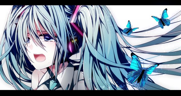Anime picture 1200x640 with vocaloid hatsune miku nishina (alive001) single long hair fringe open mouth blue eyes hair between eyes wide image twintails looking away aqua hair tears letterboxed girl headphones insect butterfly