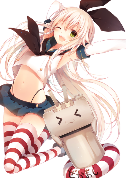 Anime picture 870x1228 with kantai collection shimakaze destroyer rensouhou-chan komeshiro kasu single long hair tall image blush open mouth simple background blonde hair white background green eyes one eye closed wink girl thighhighs gloves navel bow