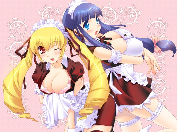 Anime picture 1600x1200 with oshioki sweetie fuutou shizune shinmeiji rinn long hair blush highres breasts blue eyes light erotic blonde hair red eyes twintails blue hair cleavage one eye closed wink maid leaning wallpaper leaning forward