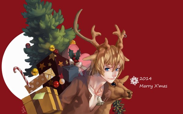 Anime picture 2859x1788 with original yitoo single looking at viewer highres short hair blue eyes brown hair animal ears horn (horns) christmas red background merry christmas antlers 2014 deer ears boy bow animal food