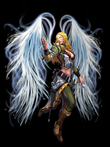 Anime picture 826x1100 with dark rises (game) brolo single long hair tall image simple background blonde hair looking away black background blank eyes girl navel weapon wings epee
