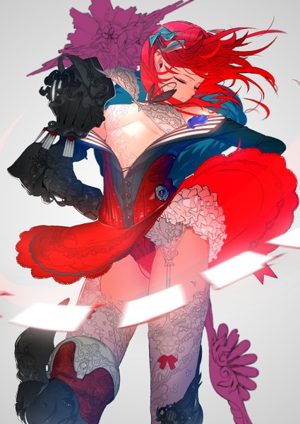 Anime picture 930x1314 with original bthx long hair tall image breasts light erotic simple background red hair eyes closed wind skirt lift abstract bodypaint girl thighhighs skirt underwear panties bow hair bow