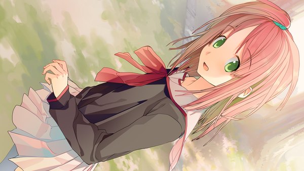 Anime picture 1280x720 with ima sugu onii-chan ni imouto da tte iitai! mitani ayumu akinashi yuu short hair open mouth wide image green eyes pink hair game cg girl skirt uniform school uniform miniskirt