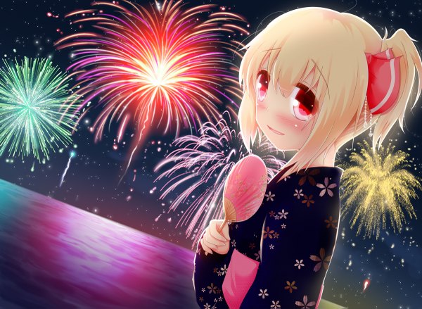 Anime picture 1200x879 with touhou rumia koji (kohei66) blush highres short hair open mouth blonde hair red eyes traditional clothes japanese clothes looking back light smile night sky alternate hairstyle fireworks girl flower (flowers) bow hair bow