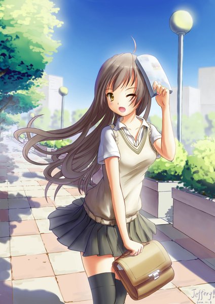 Anime picture 1018x1440 with original jeffery (backam) long hair tall image blush open mouth black hair yellow eyes one eye closed wink girl thighhighs skirt uniform black thighhighs plant (plants) school uniform miniskirt tree (trees) sweater