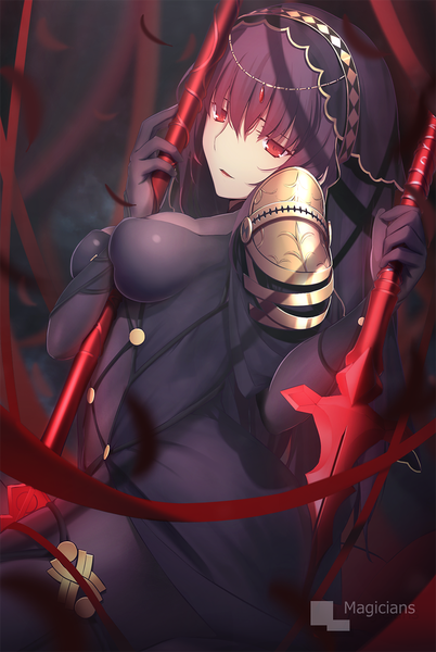 Anime picture 870x1299 with fate (series) fate/grand order scathach (fate) (all) scathach (fate) magicians (zhkahogigzkh) single long hair tall image breasts light erotic red eyes purple hair dark background girl dress gloves ribbon (ribbons) weapon black gloves