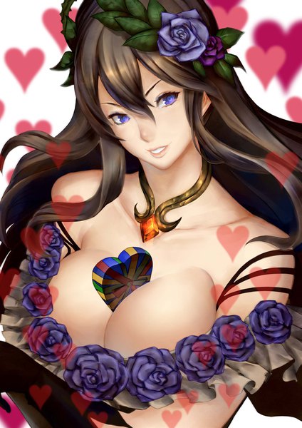Anime picture 1654x2338 with granblue fantasy rosetta (granblue fantasy) shimashima (simasima 23) single long hair tall image looking at viewer fringe breasts open mouth blue eyes light erotic simple background smile hair between eyes brown hair large breasts white background bare shoulders cleavage