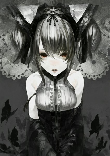 Anime picture 576x814 with original hakus (pixiv) single tall image looking at viewer fringe short hair breasts black hair twintails bare shoulders brown eyes long sleeves parted lips grey hair wide sleeves teeth monochrome girl insect