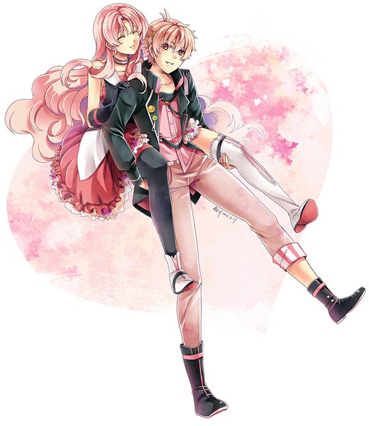 Anime picture 867x1000 with tsukiuta kisaragi ai kisaragi koi aw.h long hair tall image short hair simple background smile white background sitting holding pink hair eyes closed very long hair pink eyes looking back open clothes open jacket couple