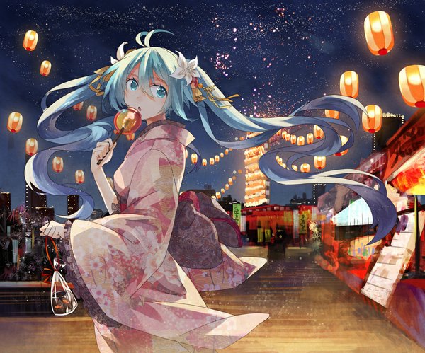 Anime picture 1000x833 with vocaloid hatsune miku tsukii single long hair open mouth twintails looking away ahoge japanese clothes aqua eyes aqua hair night night sky festival girl hair ornament food kimono fish (fishes)