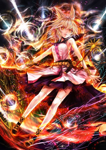 Anime picture 1000x1411 with touhou toyosatomimi no miko kazabana fuuka tall image short hair blonde hair bare shoulders yellow eyes magic girl thighhighs dress weapon white thighhighs sword bracelet headphones