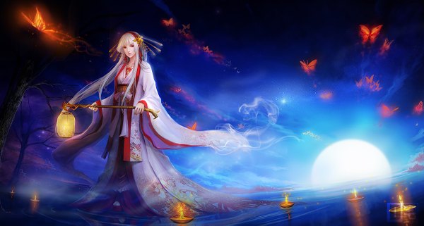 Anime picture 1200x643 with original d-zhai single long hair red eyes wide image white hair long sleeves realistic night girl hair ornament plant (plants) tree (trees) water insect butterfly sun lamp candle (candles)