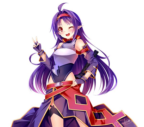 Anime picture 909x800 with sword art online a-1 pictures yuuki (sao) grandia bing single long hair blush open mouth simple background smile red eyes white background purple hair ahoge one eye closed wink hand on hip victory girl gloves