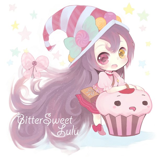 Anime picture 1000x1000 with league of legends lulu (league of legends) bittersweet lulu tunako single long hair blush open mouth purple hair heterochromia fairy girl hat bag