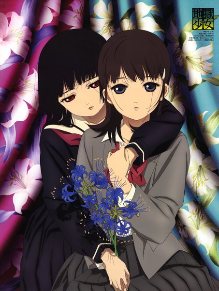 Anime picture 4072x5391 with hell girl studio deen enma ai mikage yuzuki long hair tall image looking at viewer highres open mouth blue eyes black hair red eyes brown hair multiple girls absurdres holding hands girl uniform flower (flowers) 2 girls