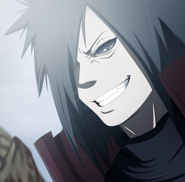 Anime picture 1617x1588 with naruto studio pierrot naruto (series) uchiha madara gray-dous single long hair fringe black hair smile hair over one eye lens flare looking down portrait close-up spiked hair rinnegan evil grin boy armor