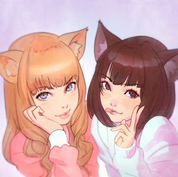 Anime picture 1080x1071 with original ilya kuvshinov long hair looking at viewer blush fringe blue eyes simple background blonde hair brown hair multiple girls brown eyes animal ears from above lips cat ears cat girl portrait victory :q