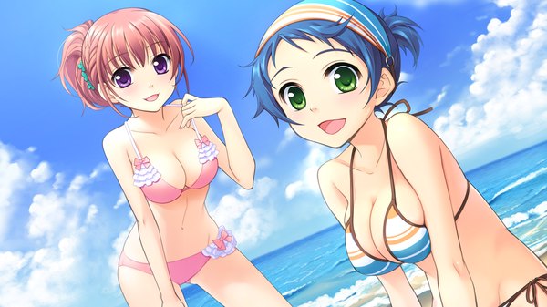 Anime picture 1280x720 with astraythem ginta short hair light erotic brown hair wide image purple eyes multiple girls green eyes blue hair game cg cloud (clouds) beach girl 2 girls swimsuit bikini