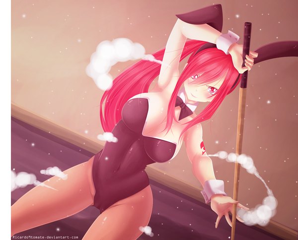 Anime picture 1908x1542 with fairy tail erza scarlet ric9duran single long hair blush highres breasts light erotic smile red eyes large breasts animal ears ponytail red hair armpit (armpits) tattoo bunny ears coloring bunny girl
