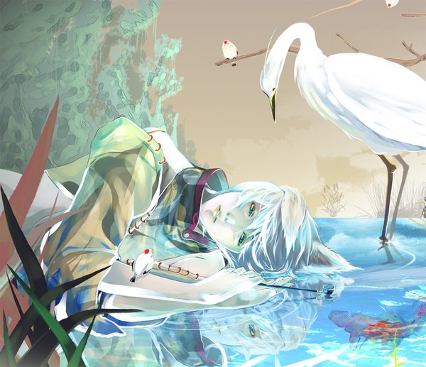 Anime picture 1739x1500 with coln highres short hair open mouth blue eyes white hair lying reflection boy plant (plants) animal water bird (birds) grass fish (fishes) branch pipe kiseru crane (bird)