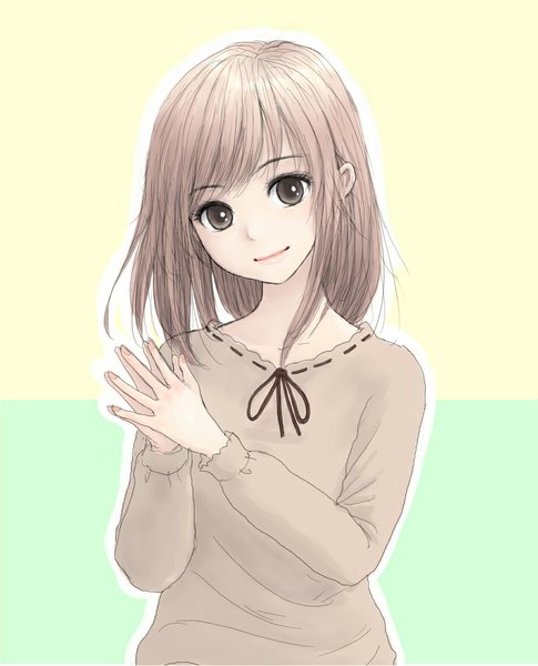 Anime picture 907x1123 with original erurodo (artist) single tall image looking at viewer fringe short hair simple background blonde hair smile upper body grey eyes yellow background hands clasped green background outline girl