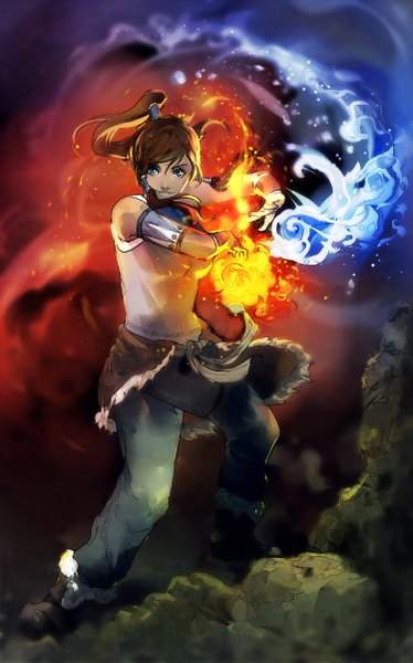 Anime picture 750x1202 with avatar: the legend of korra korra yuumei single long hair tall image looking at viewer blue eyes smile brown hair standing bare shoulders fighting stance girl fire flame