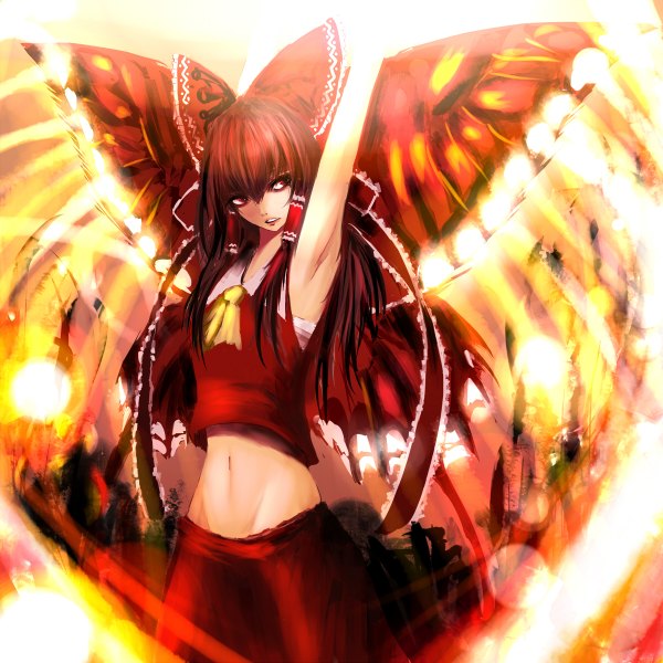 Anime picture 1200x1200 with touhou hakurei reimu 31 violence (artist) single long hair open mouth red eyes brown hair arms up armpit (armpits) insect wings butterfly wings girl skirt navel hair ornament bow hair bow wings skirt set