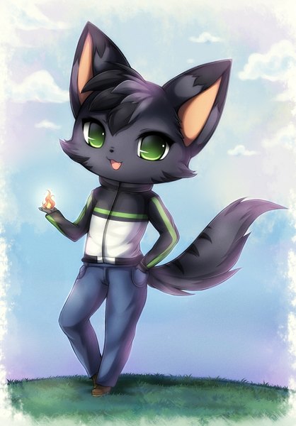 Anime picture 1328x1904 with midna01 tall image open mouth black hair smile green eyes animal ears tail animal tail cat ears teeth cat tail fang (fangs) chibi hand in pocket animal cat clothes jeans flame