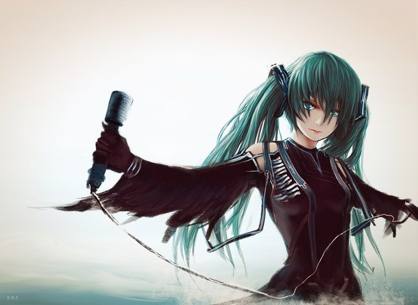 Anime picture 1730x1264 with vocaloid hatsune miku k.n.f. single long hair highres simple background twintails aqua eyes aqua hair girl gloves microphone wire (wires)