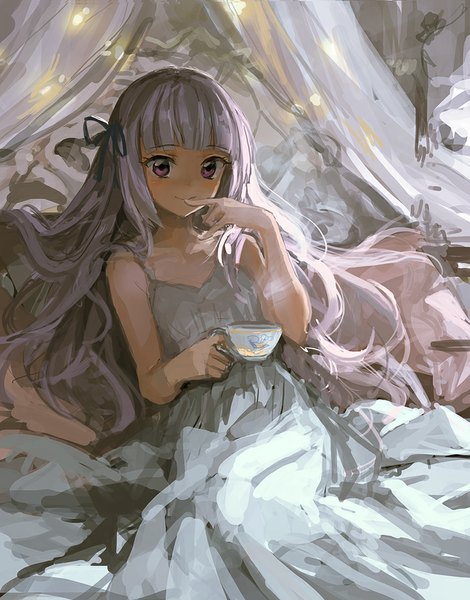 Anime picture 700x893 with aikatsu! hikami sumire lm7 (op-center) single long hair tall image looking at viewer blush sitting purple hair pink eyes light smile finger to mouth girl dress ribbon (ribbons) hair ribbon bed cup teacup