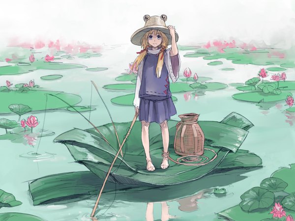 Anime picture 1600x1200 with touhou moriya suwako single long hair looking at viewer blue eyes blonde hair standing twintails light smile fishing girl flower (flowers) hat straw hat frog water lily lotus pond fishing rod