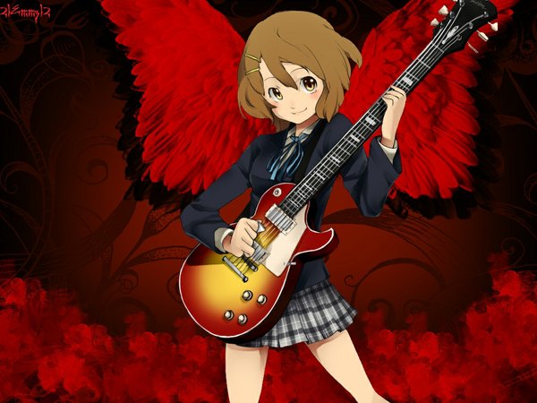 Anime picture 1024x768 with k-on! kyoto animation hirasawa yui 21emmz12 (artist) single short hair smile brown hair signed yellow eyes angel wings girl uniform hair ornament school uniform miniskirt wings bobby pin guitar
