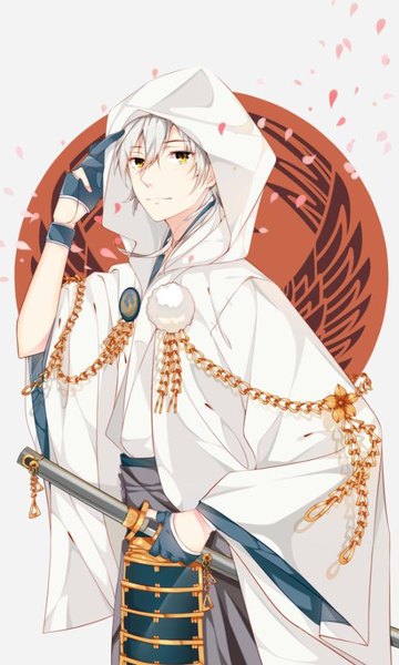 Anime picture 539x897 with touken ranbu nitroplus tsurumaru kuninaga hate ani hikae single tall image looking at viewer fringe short hair hair between eyes standing yellow eyes silver hair traditional clothes japanese clothes grey background adjusting clothes jpeg artifacts adjusting hood boy