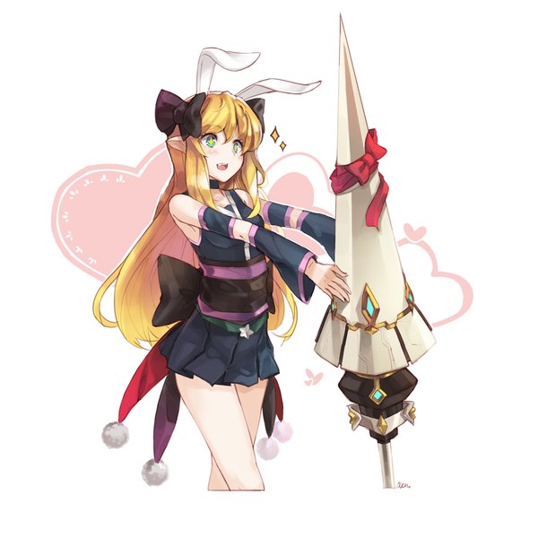 Anime picture 1000x1000 with dungeon and fighter nellen single long hair fringe simple background blonde hair smile white background green eyes animal ears bunny ears girl bow weapon hair bow detached sleeves clothes spear