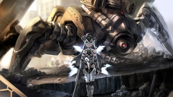 Anime picture 1600x900 with original tagme (character) single long hair fringe blue eyes blonde hair wide image bare shoulders silver hair ruins girl weapon wings armor gun robot
