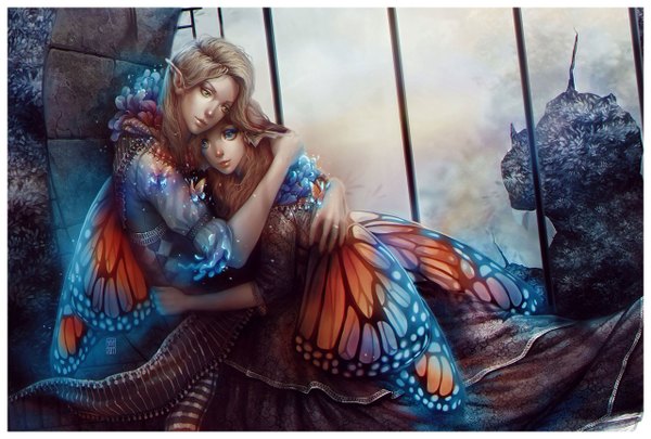 Anime picture 1280x866 with valentina remenar long hair blue eyes blonde hair brown hair sitting multiple girls green eyes signed pointy ears hug glowing wavy hair insect wings butterfly wings fairy girl dress 2 girls plant (plants)