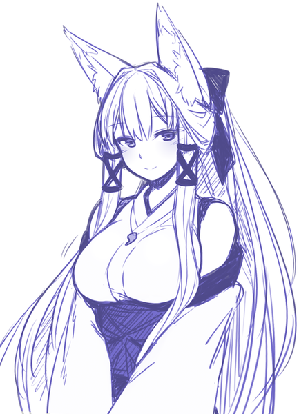Anime picture 650x900 with original tamamo (yagi) yagi (ningen) single long hair tall image looking at viewer blush fringe breasts simple background hair between eyes large breasts white background bare shoulders animal ears payot upper body long sleeves traditional clothes