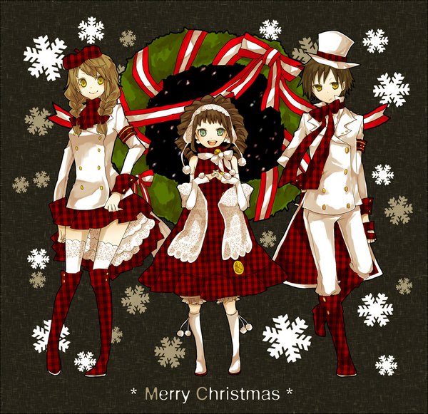 Anime picture 1000x969 with original buzz looking at viewer short hair blue eyes smile brown hair multiple girls yellow eyes braid (braids) inscription hand on hip twin braids drill hair christmas plaid girl thighhighs boy 2 girls