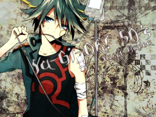 Anime picture 1600x1200 with yu-gi-oh! fudou yusei blue eyes green hair mouth hold pale skin boy blood bandage (bandages) intravenous drip