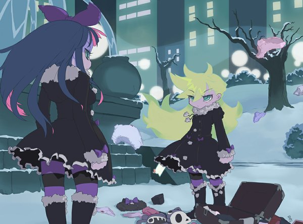 Anime picture 1079x800 with panty & stocking with garterbelt anarchy stocking anarchy panty long hair blonde hair multiple girls multicolored hair from behind streaked hair winter snow girl thighhighs underwear panties bow 2 girls plant (plants) hair bow tree (trees)