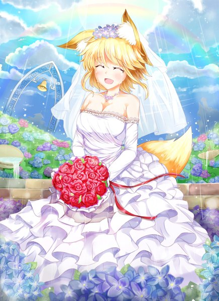Anime picture 1167x1605 with original igayan tall image blush short hair open mouth blonde hair animal ears sky cloud (clouds) tail eyes closed animal tail fox ears tears fox tail fox girl wedding girl dress