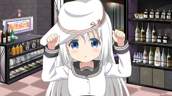 Anime picture 1152x648 with kantai collection gochuumon wa usagi desu ka? white fox hibiki destroyer kafuu chino verniy destroyer hikall single long hair looking at viewer blush open mouth blue eyes wide image white hair arm up arms up :o checkered floor cosplay