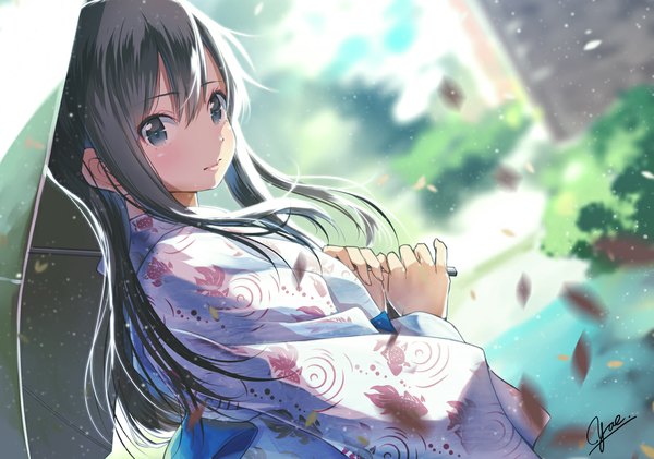 Anime picture 1138x800 with kantai collection asashio destroyer yae (mono110) single long hair looking at viewer fringe blue eyes black hair holding signed upper body long sleeves traditional clothes japanese clothes looking back light smile wind lips sunlight